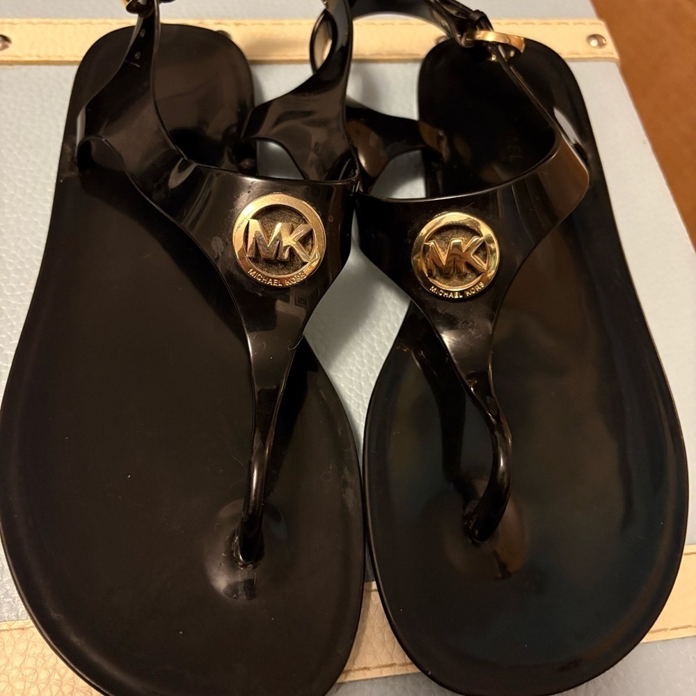 Michael Kors Black Sandals with Gold Emblem